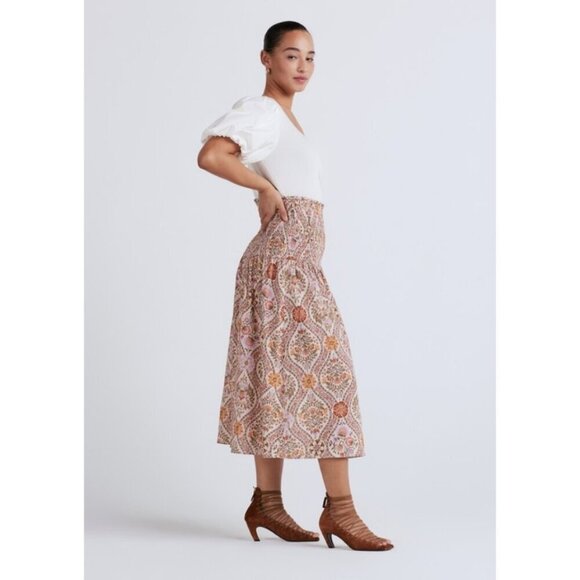 💕DEREK LAM 10 CROSBY Madani Linen Blend Smocked Skirt Light Khaki Floral 12 NWT - Picture 2 of 16